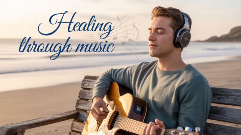 Person Playing Guitar on the Beach With Headphones